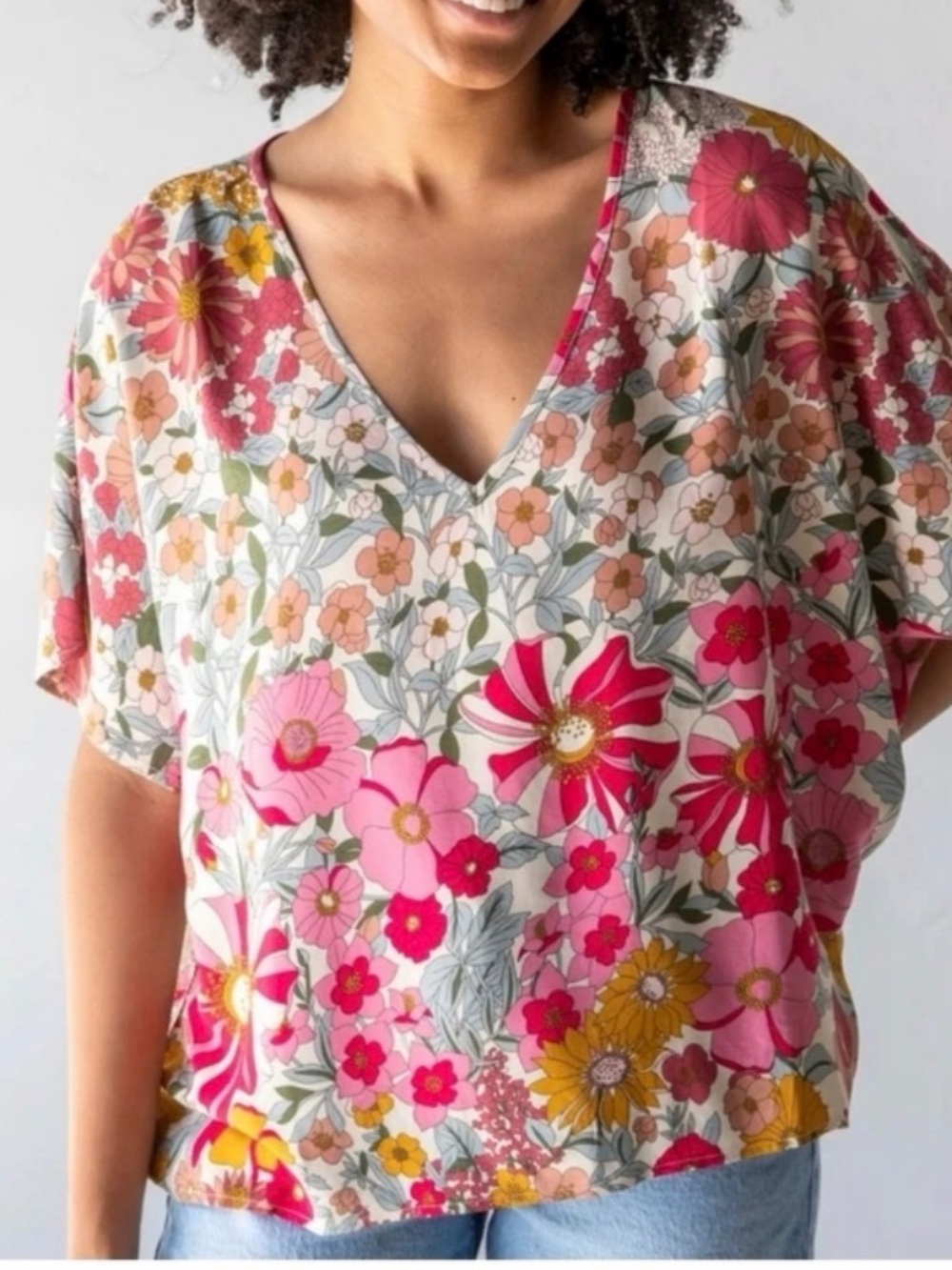 Natural Life Easy V Neck Top Pink Mustard Floral Small Short Sleeve